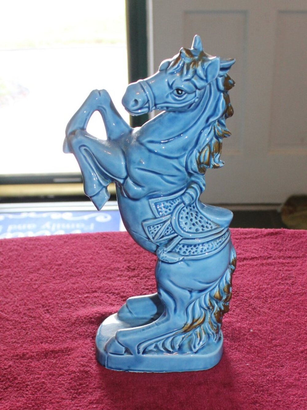 Vintage blue and gold glazed ceramic rearing horse figurine
